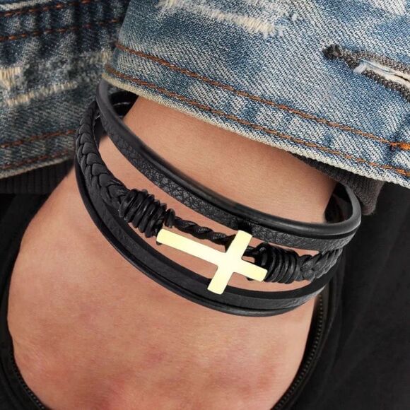 🧑🏻‍🦱O1🧑🏻‍🦱 Gorgeous Genuine Braided Leather Titanium Mens Unisex Bracelet - Picture 9 of 16